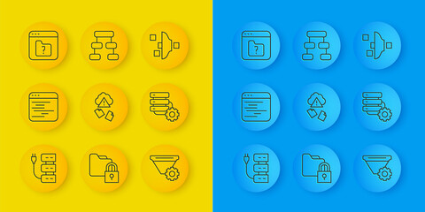 Poster - Set line Server, Software, Cloud hacking, Filter setting, and gear, File missing, and Hierarchy organogram chart icon. Vector