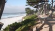 Promenade path, walkway, trail or footpath, ocean sandy beach in Carmel, Monterey, California coast USA. Sea water waves crashing on shore. Waterfront beachfront pine cypress trees. Pathway or footway