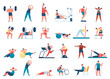 © Frogella.stock - People exercise in gym. Female and male characters leading healthy lifestyle. Men training with barbell, weight, running on treadmill. Women doing yoga, woking out with dumbbells vector set