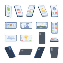 Aufkleber - Applications on gadgets, isolated set of smartphones on different angles. Vector back and front left and right sides. Mobile phone with screen and apps, tablets and screens of cellphones. Flat cartoon