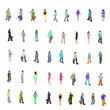 Set with many people in different poses isolated on white background. Flat style. Men and women walk, run, read, with suitcases. Isometric view. Vector illustration