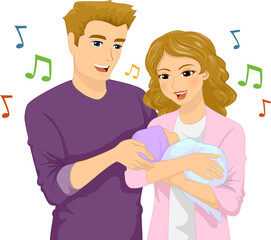 Wall Mural - Couple Girl Man Sing Baby Sleep Illustration