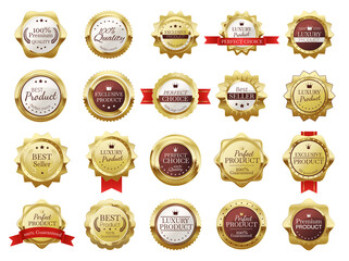 Premium quality emblems. Luxury exclusive product seal label for retail shop. Best seller golden medal with award stars. Realistic stamps with red ribbons for store isolated vector set