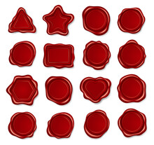Realistic Red Wax Seal. Stamp For Envelope Or Letter Of Various Shapes. Certificate, Diploma Or Old Scroll Sealing, Postage Element. Triangle, Circle, Star, Rectangle And Heart Shapes Vector Set