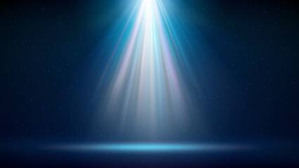 Wall Mural - Spotlight background. Illuminated blue stage. Backdrop for displaying products. Bright beams of spotlights, shimmering glittering particles, a spot of light. Vector illustration