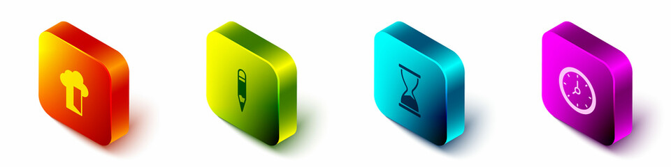 Poster - Set Isometric Cloud database, Pencil, Old hourglass and Clock icon. Vector
