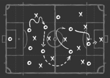 Soccer Game Scheme. Football Chalk Blackboard, Tactic Defence Team Strategy. Sports Game Plan, Strategic Coach Training Drawing, Decent Vector Background