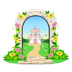 Wall Mural - Open door to fairyland with princess castle. Vector illustration of fairy tale architecture.