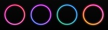 Gradient Neon Circle Frames Set. Glowing Borders Isolated On A Dark Background. Colorful Night Banner, Vector Light Effect. Bright Illuminated Shape.
