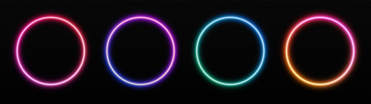 gradient neon circle frames set. glowing borders isolated on a dark background. colorful night banne