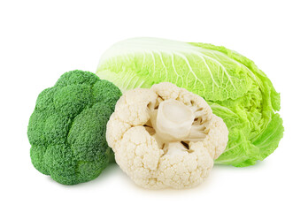 Wall Mural - Composition with fresh whole cauliflower, broccoli and Chinese cabbage isolated on a white background.