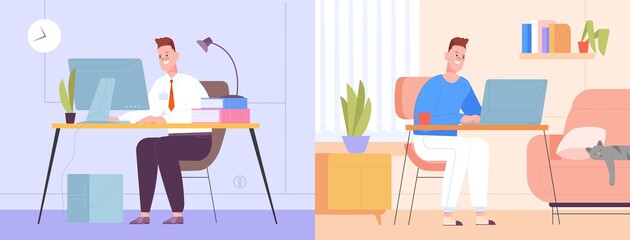 Poster - Hybrid work. Split office workplace, businessman workforce efficient employee company, alternative time for home job, flexible placed work, vector illustration
