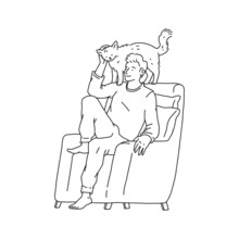 Man Is Sitting In A Chair And Stroking Cat Pet. Doodle Black White Contour Line Illustration.