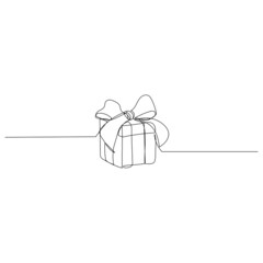 Wall Mural - Gift box with big ribbon bow. Continuous line drawing. Minimal vector illustration. Surprising concept.