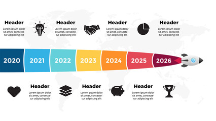 Startup vector infographic. Rocket launch. Presentation slide template. Spaceship fly. Business success diagram chart. Timeline roadmap 7 options, steps. Creative project concept. World map.