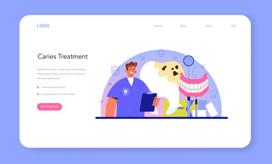 Wall Mural - Dentist web banner or landing page. Dental doctor in uniform treating