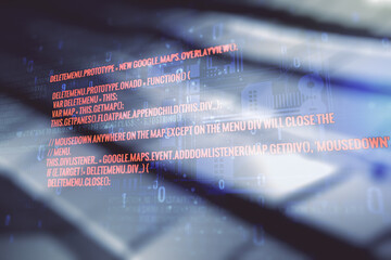 Poster - Double exposure of abstract programming language interface on blurry metal background, research and development concept