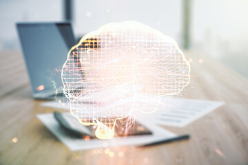 Aufkleber - Virtual creative artificial Intelligence hologram with human brain sketch on blurry calculator and computer background. Double exposure