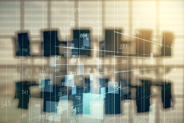 Poster - Abstract virtual stats data hologram on a modern conference room background. Multiexposure