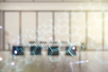 Poster - Double exposure of abstract virtual technology hologram with hexagon on a modern meeting room background. Research and development software concept