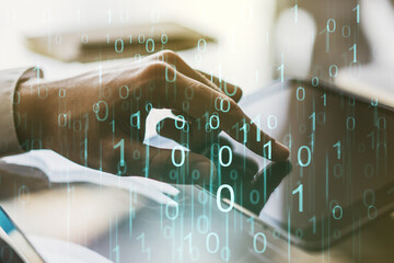Aufkleber - Creative abstract binary code hologram and finger presses on a digital tablet on background, AI and machine learning concept. Multiexposure