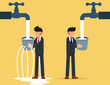 Contrast between business. Businessman and leaking bucket. Business Vector illustration.