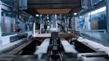 Fototapeta Perspektywa 3d - Cardboard box conveyor working in warehouse production facility packing closeup