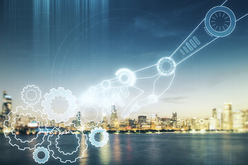 Aufkleber - Double exposure of abstract virtual robotics technology hologram on Chicago city skyscrapers background. Research and development software concept