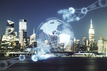 Aufkleber - Abstract virtual robotics technology hologram with globe on New York cityscape background, artificial intelligence and machine learning concept. Multi exposure