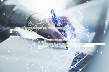 Poster - Abstract creative coding illustration with world map and hand writing in diary on background with laptop, international software development concept. Multiexposure