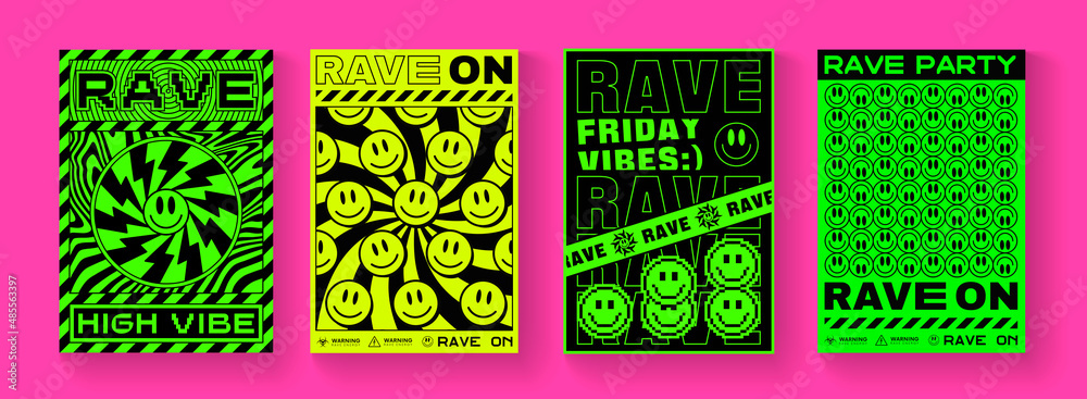 Vector de Stock Set Of Trendy Rave On Abstract Posters. Cool Acid ...
