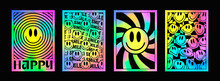 Set Of Trendy Abstract Acid Style Posters. Cool Smile Psychedelic Placards. Rainbow Trippy Art.