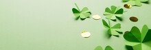 St. Patrick's Day. Green Background With Clover Leaves: Shamrock And Four-leafed, Coin Or Confetti. Copy Space. Paper Craft
