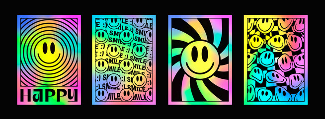 Poster - Set of Trendy Abstract Acid Style Posters. Cool Smile Psychedelic Placards. Rainbow Trippy Art.