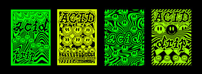 Poster - Set Of Abstract Acid Smile Art Posters. Collection of Cool Trippy Rave Placards. Vaporwave Optical Illusion Artwork.