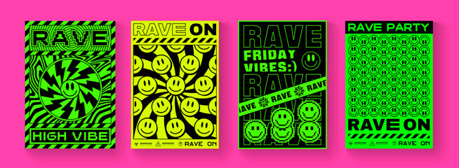 Aufkleber - Set Of Trendy Rave On Abstract Posters. Cool Acid Techno Style Placards.