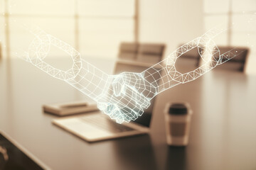 Poster - Double exposure of blockchain technology with handshake hologram on laptop background. Research and development decentralization software concept