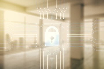 Poster - Double exposure of virtual creative lock hologram with chip on empty modern office background. Information security concept