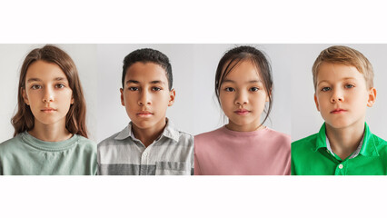 Wall Mural - Set Of Four Portraits With Multiracial Preteen Children, White Background