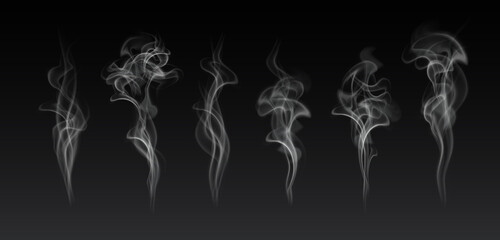 Vector realistic smoke or steam set isolated on dark background