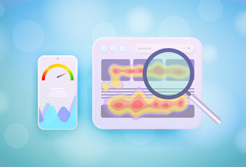 Poster - Heat map and page speed optimization website seo tool 3d concept. Website Heatmap Insights and Behavior Analytics Tools illustration. Digital Marketing SEO strategy vector illustration