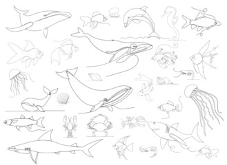 Wall Mural - fish, octopus one line outline set, ,vector
