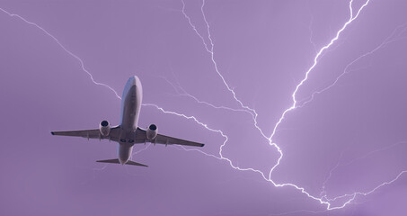 Wall Mural - Airplane in the sky with thunder and lightning