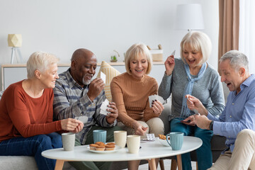 Happy senior friends playing cards while chilling together at home