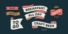 Vintage Graphic Set. Ribbon, Flag, Arrow, Board With Text Bar, Menu, Beer, To GO, Craft Beer. Set Of Ribbon Banner And Retro Graphic. Isolated Vintage Old School Set Shapes. Vector Illustration