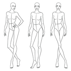 Wall Mural - Fashion models posing. Nine head fashion figure templates. Beautiful slim women sketch, vector illustration.