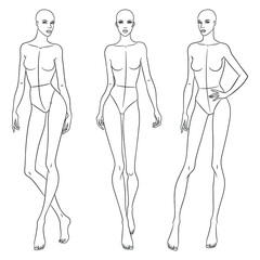 fashion models posing. nine head fashion figure templates. beautiful slim women sketch, vector illus