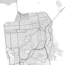 Vector Map Of San Francisco City. Urban Grayscale Poster. Road Map With Metropolitan City Area View.