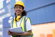 © chachamp - Portrait happy foreman, engineer use clipboard at container ship