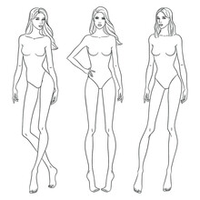 Beautiful slim women. Fashion models posing, vector sketch illustration. Nine head fashion figure templates. Fashion female croquis, vector set.